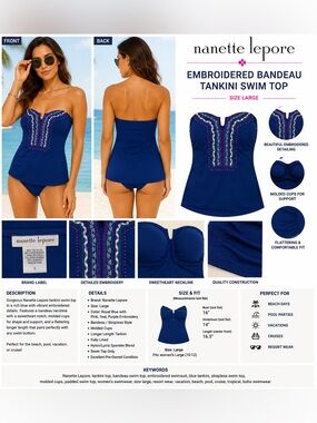 Nanette Lepore Embroidered Bandeau Tankini Swim Top Blue Pink Women's Size Large